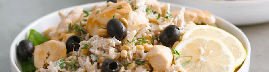 Pastasalade met kip en citroen-mascarponesaus,