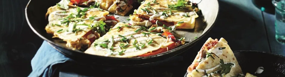 Tortilla met paddenstoelen, paprika en Old Amsterdam