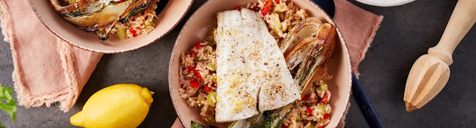 Gegrilde paksoi met kabeljauwfilet uit de oven