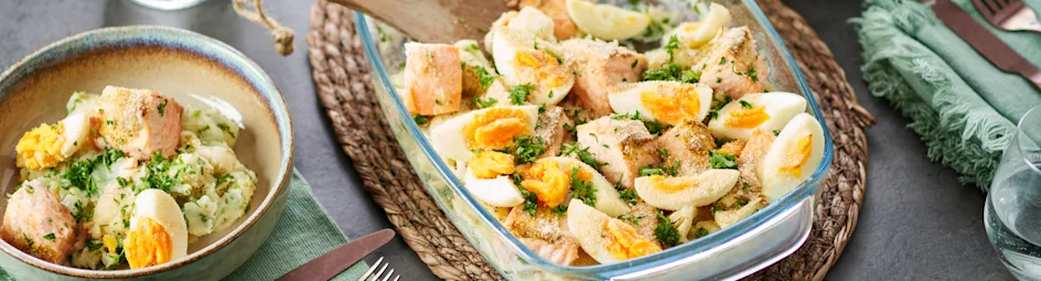 Ovenschotel van bloemkool, aardappel en zalm