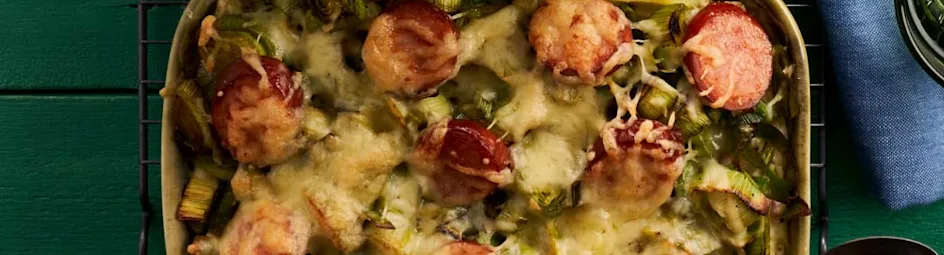 Ovenschotel van prei met spekreepjes