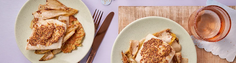 Roergebakken witlof met gebakken kabeljauwfilet en zelfgemaakte rösti