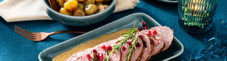 Rollade met Marokkaanse rub, geroosterde pompoen en gebakken krieltjes