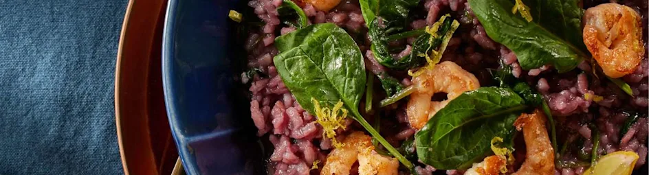 Risotto met spinazie, citroenmascarpone en garnalen