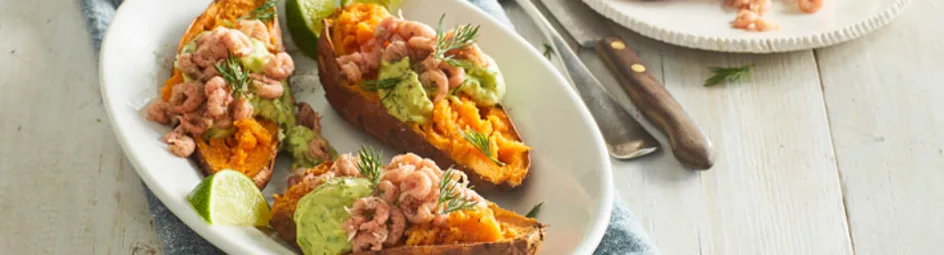 Gepofte zoete aardappel met Hollandse garnalen