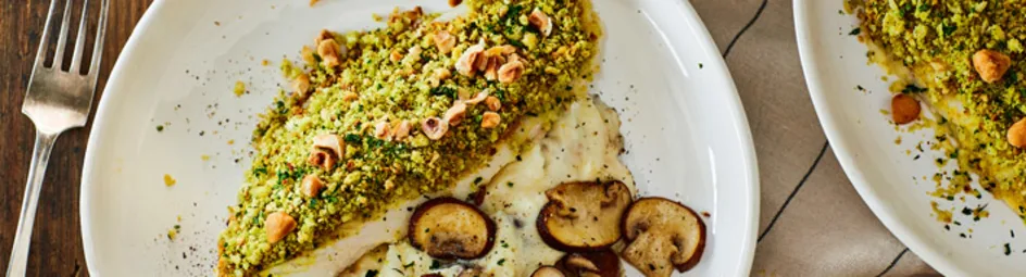 Pangasius met hazelnootkorstje en paddenstoelenstamppot