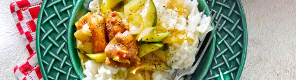 Pollo Agrodolce met courgette en risotto
