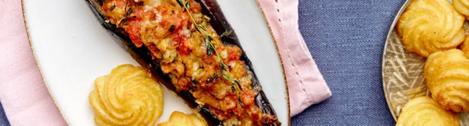 Gegratineerde aubergine met tomaat en tijm