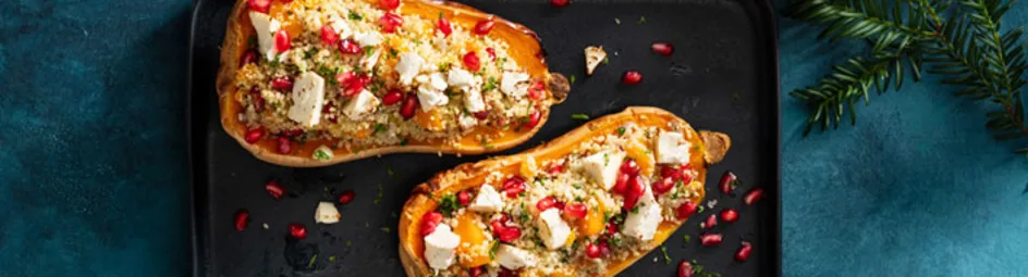 Gevulde pompoen met feta en granaatappel