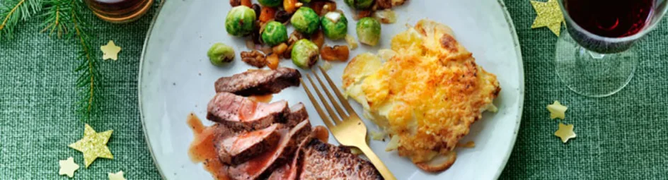 Biefstuk met aardappelgratin en spruiten