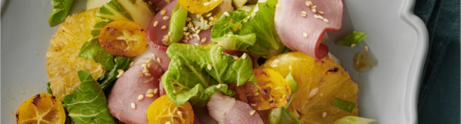 Gerookte eendenborst met citrus, kumquat en five spice