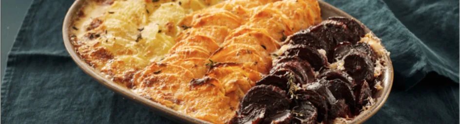 Gratin met aardappel, zoete aardappel en biet
