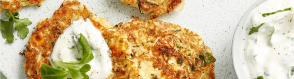 Mais-courgettekoekjes met dip en veldsla