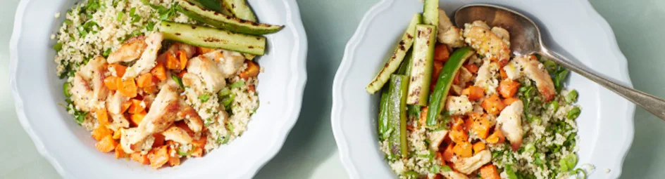 Citroenkip met geroosterde wortel en komkommer