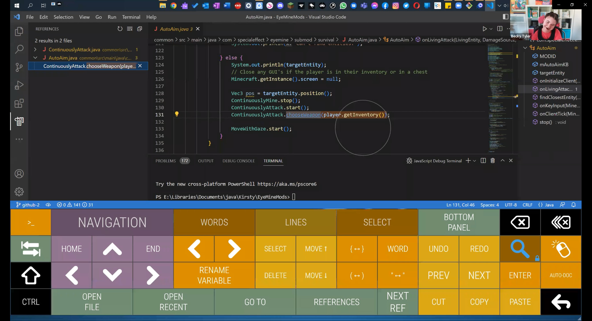 Screenshot of Optikey Coder’s custom keyboard for navigating in the Visual Studio Code IDE, with a picture-in-picture of Becky Tyler in the corner.