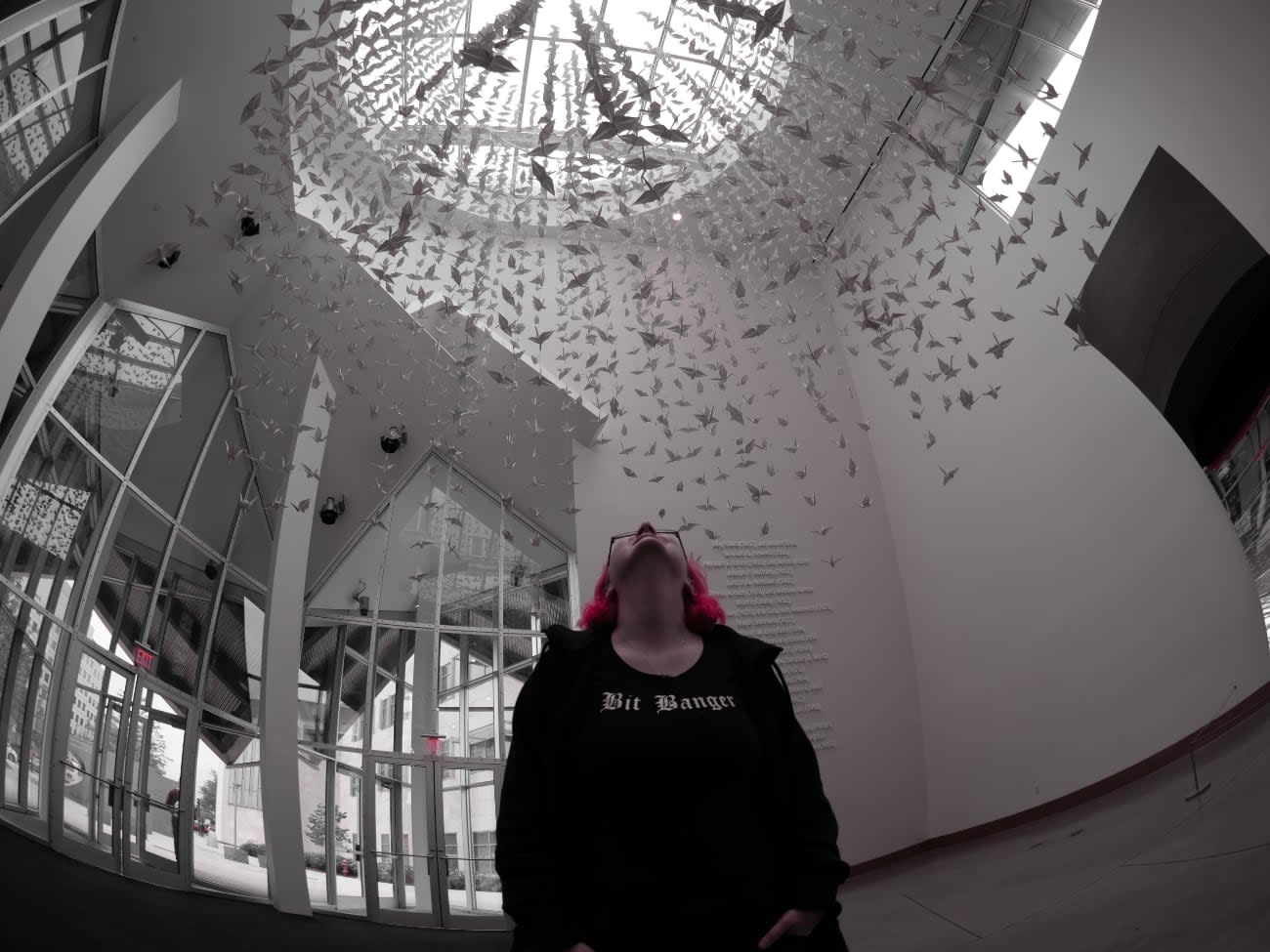 Photo of Limor Fried in a gallery wearing a shirt captioned Bit Banger and looking up towards a thousand hanging origami cranes.