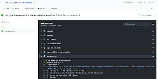 Screen showing the merged pull request from the second workflow, build-and-push.