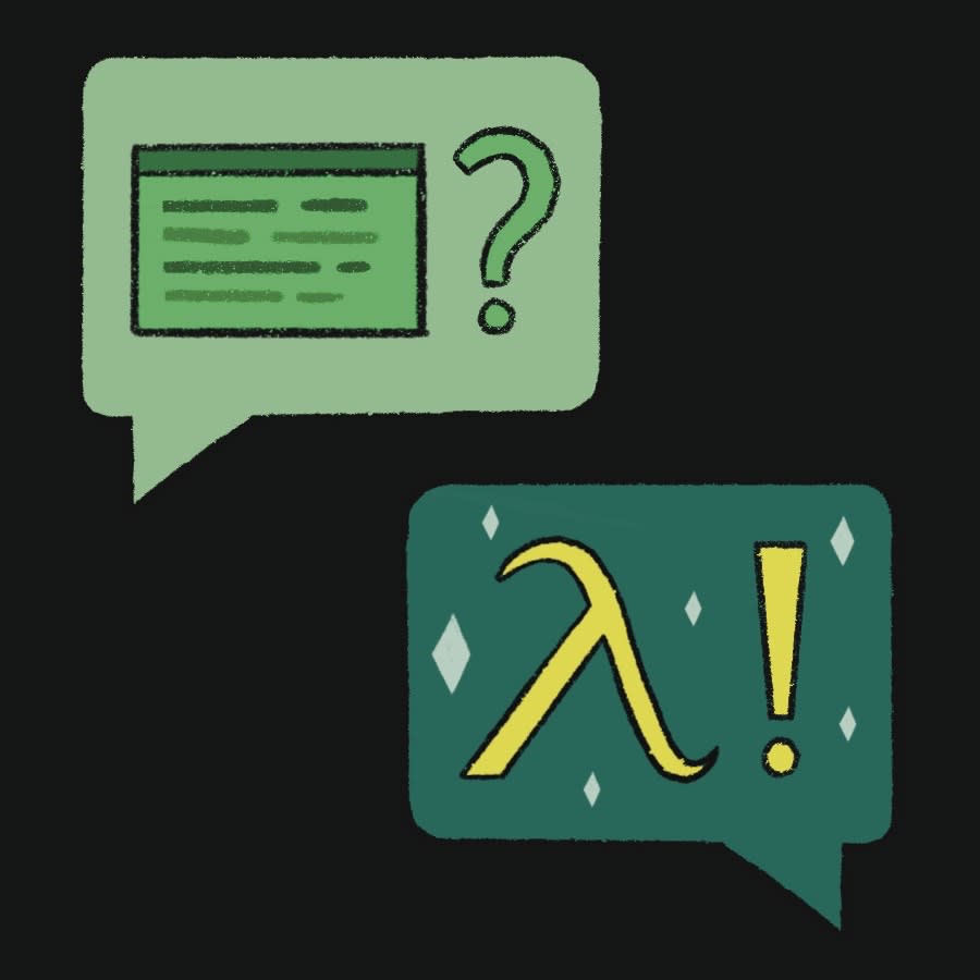 Graphic with two speech bubbles: one with a message window, and one with the Lambda symbol, the first concept introduced in Java