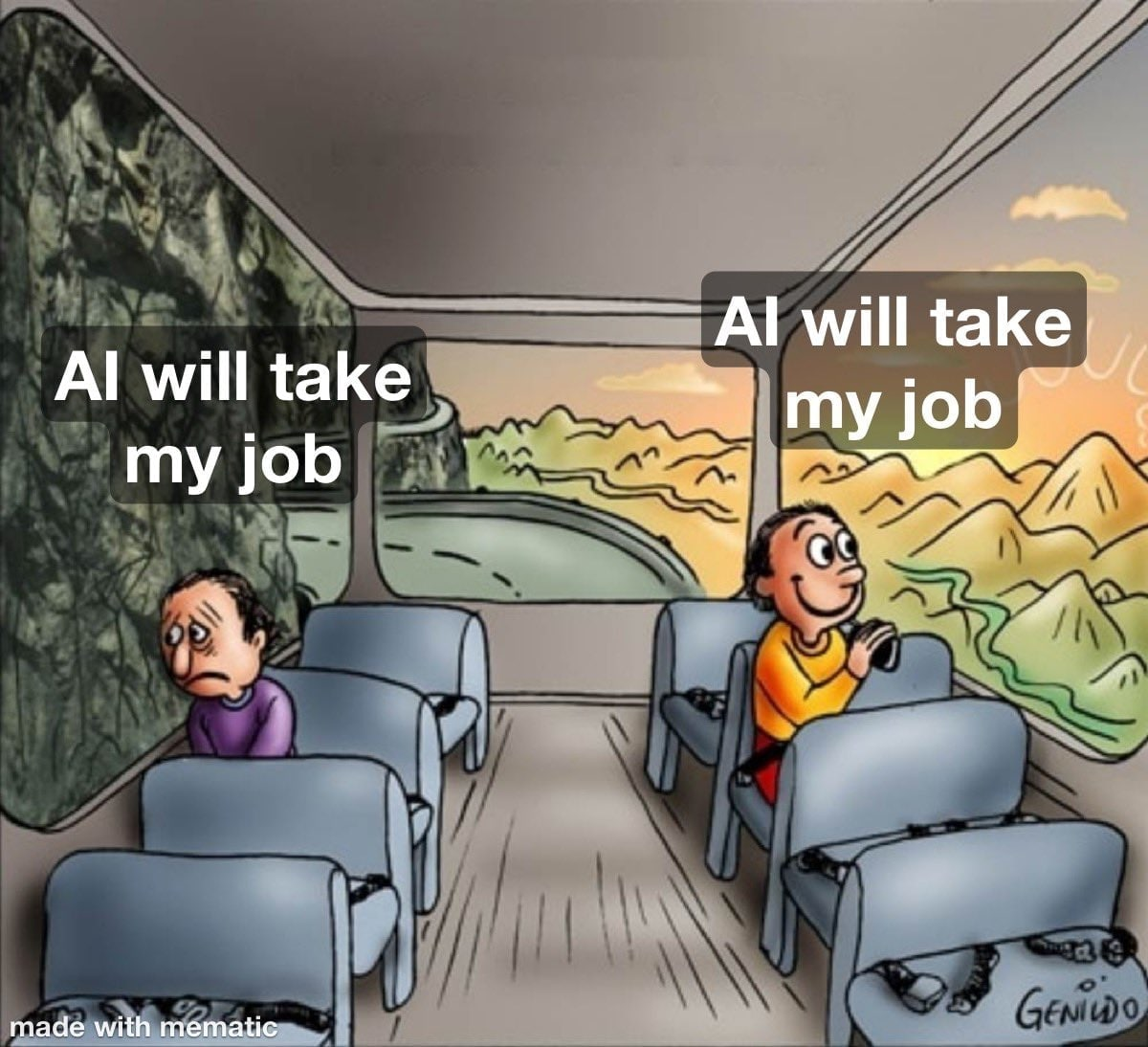Cartoon illustration showing two men sitting on a bus, on either side of the aisle. One man is happy and the other man is sad both with the phrase “AI will take my job” above them.