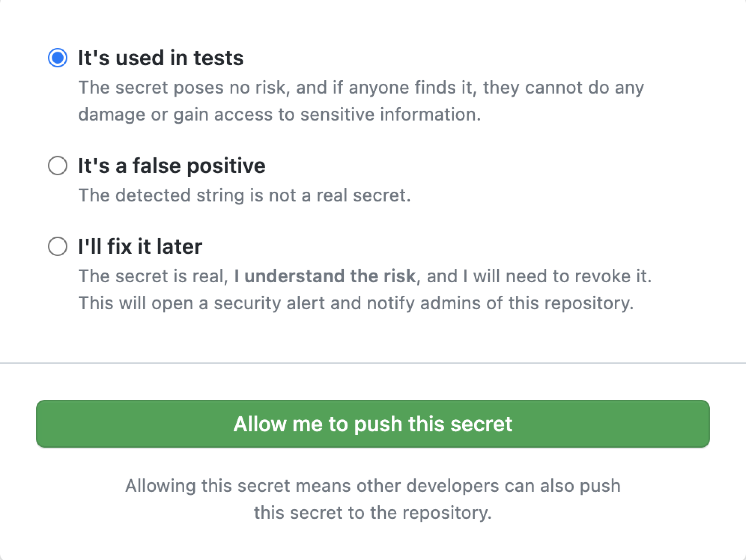 A screenshot of how to allow to push to secret