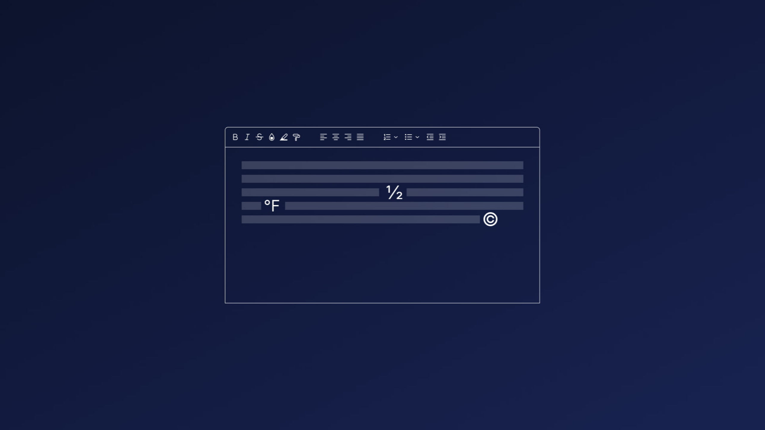 A rich text editor with typographical symbols appearing inside it.