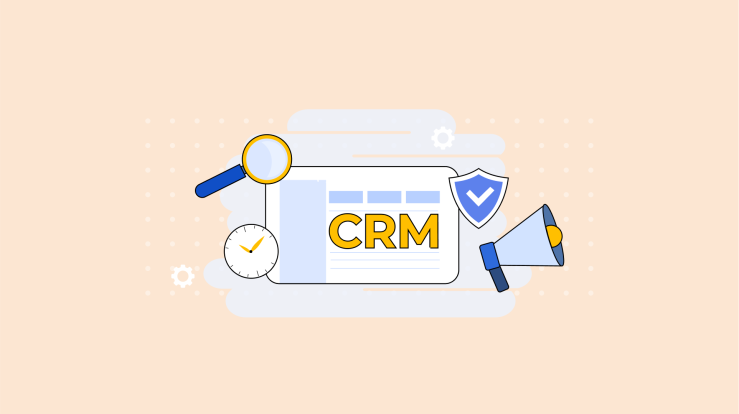 CRM history and market trends represented by the CRM letters and investigation icons like magnifying glasses grouped together