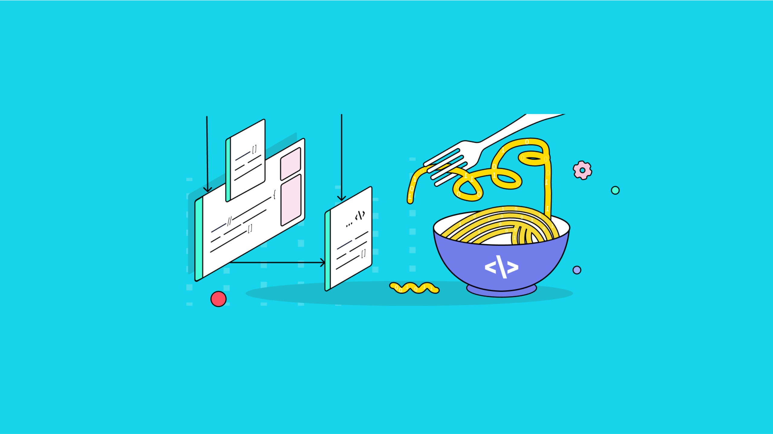 A bowl of spaghetti contrasted with modular code blocks