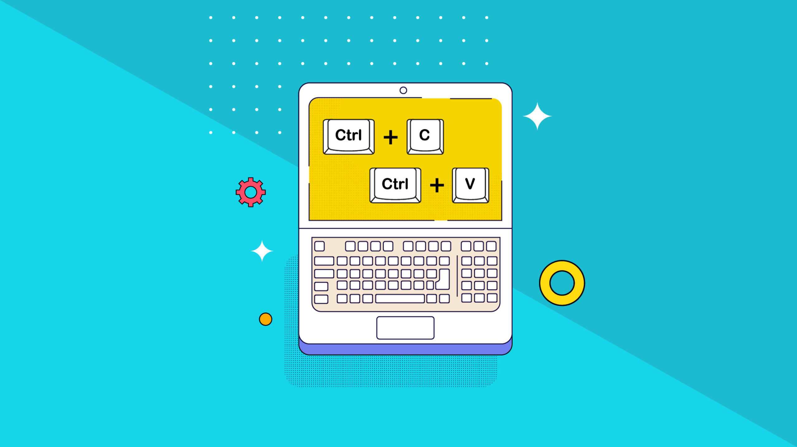 A computer laptop is open with keyboard shortcuts displayed on the screen