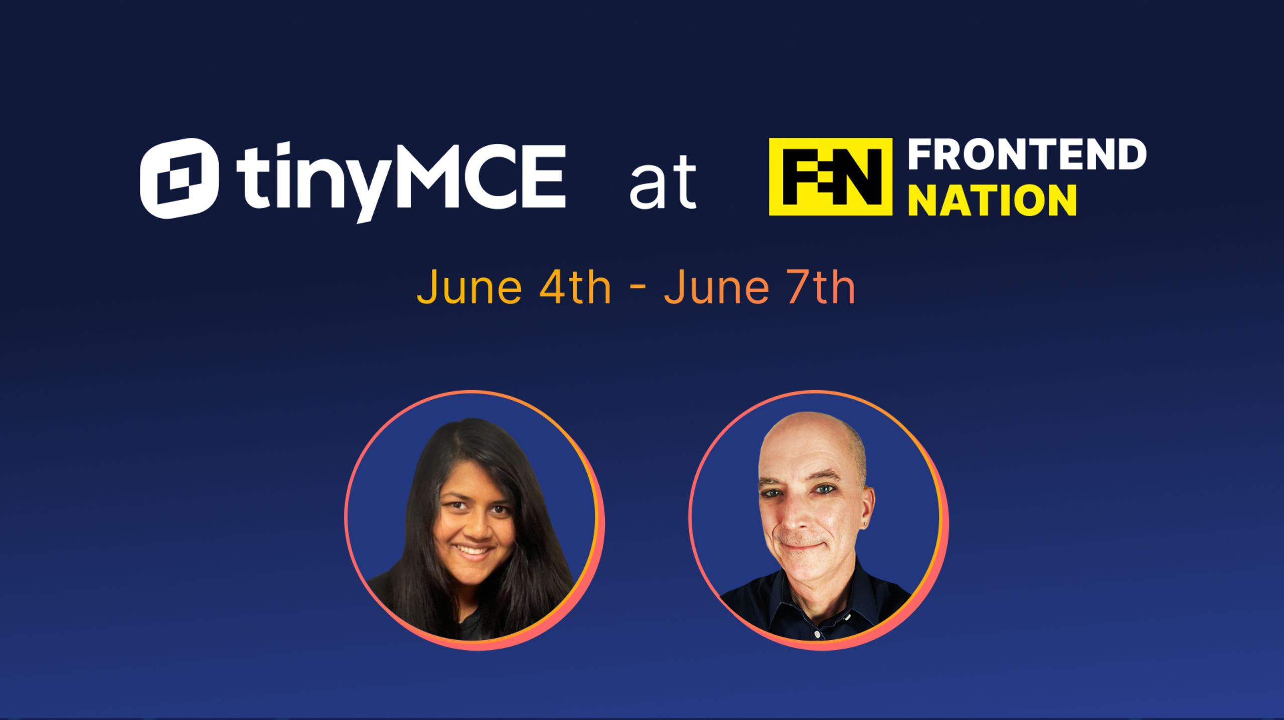 Blog banner promoting TinyMCE at the Frontend Nation event June 4th - 7th 2024