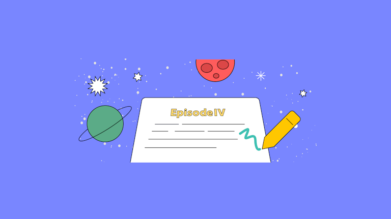 Space depicted in abstract with the words Episode IV appearing on a panel in space