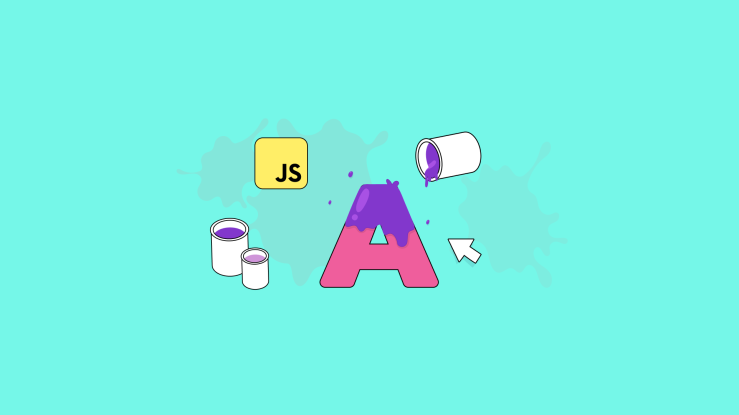 A letter having it's color changed with paint, and a JS icon, representing the dynamic changes of font color