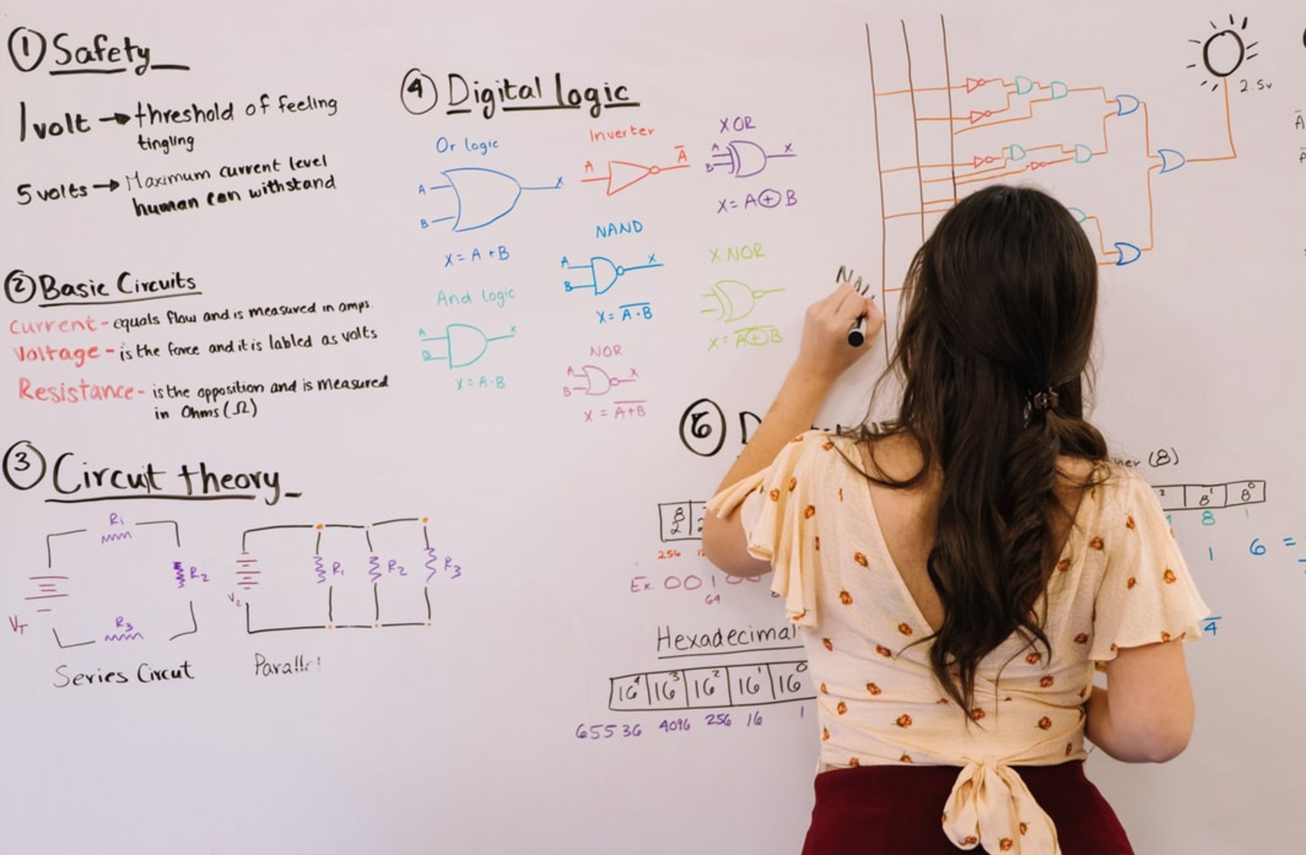 Woman teaching and drawing diagrams on a whiteboard