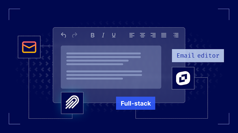 Hero image with a rich text editor, email icon, TinyMCE logo, Nylas logo and the text “Full-stack” + “Email editor”
