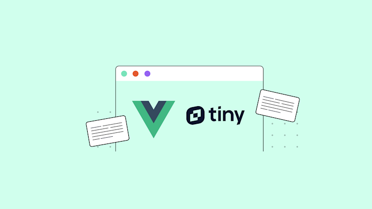 The Vue logo displayed on a large background inside a text editor with TinyMCE