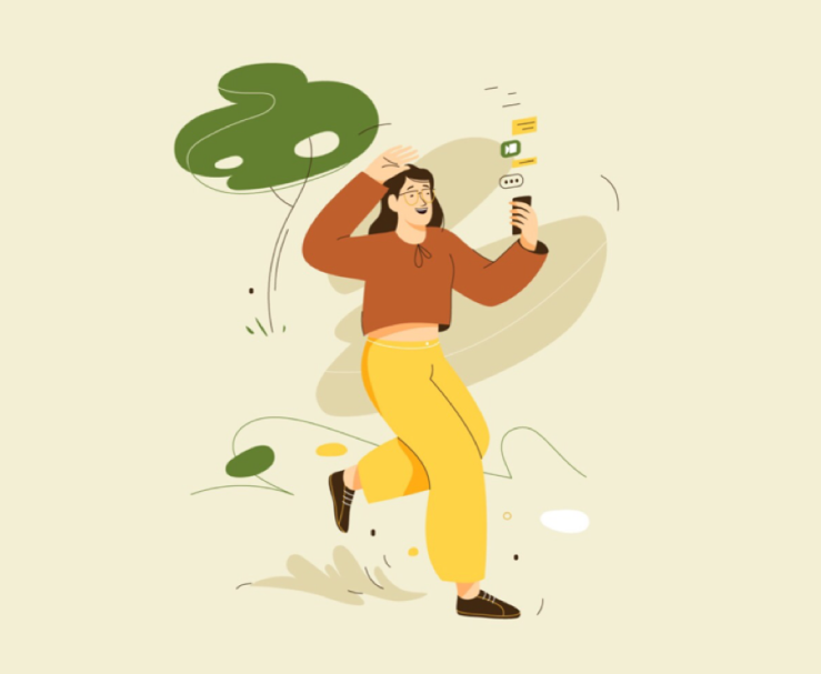 Illustration of a person walking through the park, looking at their phone held out in front of them while smiling. Abstract images are trailing from the phone depicting a lot of mobile activity. by Cami Dobrin