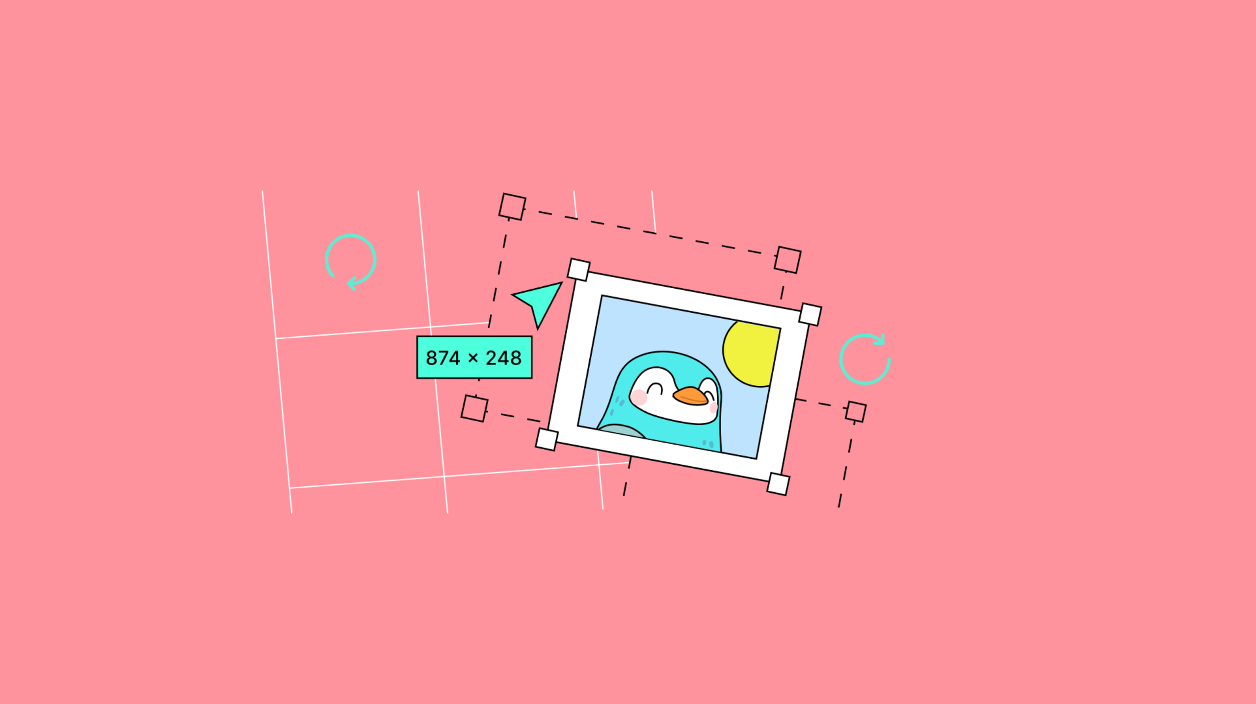 The image resize event shown with dimensions and handlebars