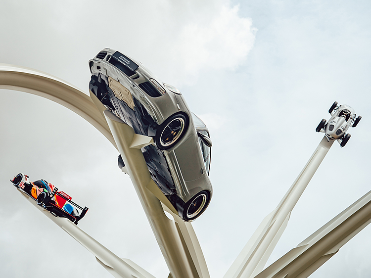 Central feature of Porsche cars at Goodwood Festival of Speed