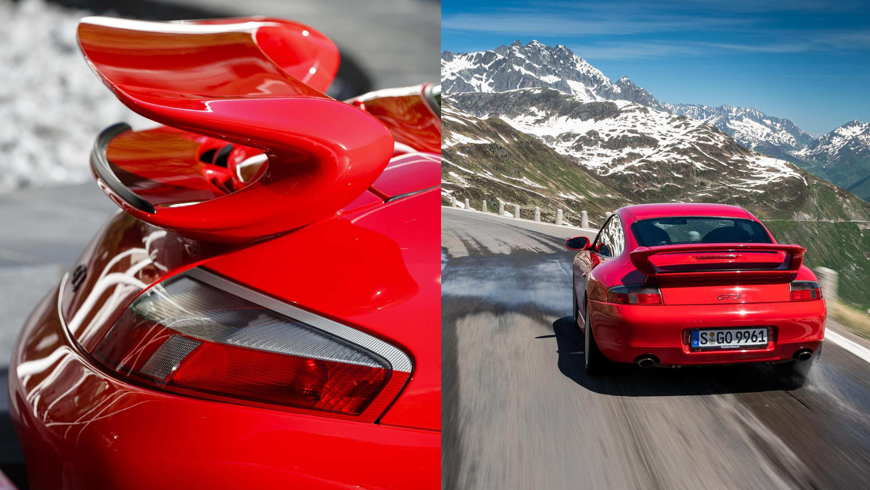 Red Porsche 911 GT3 with taco spoiler in front of snow-capped mountains