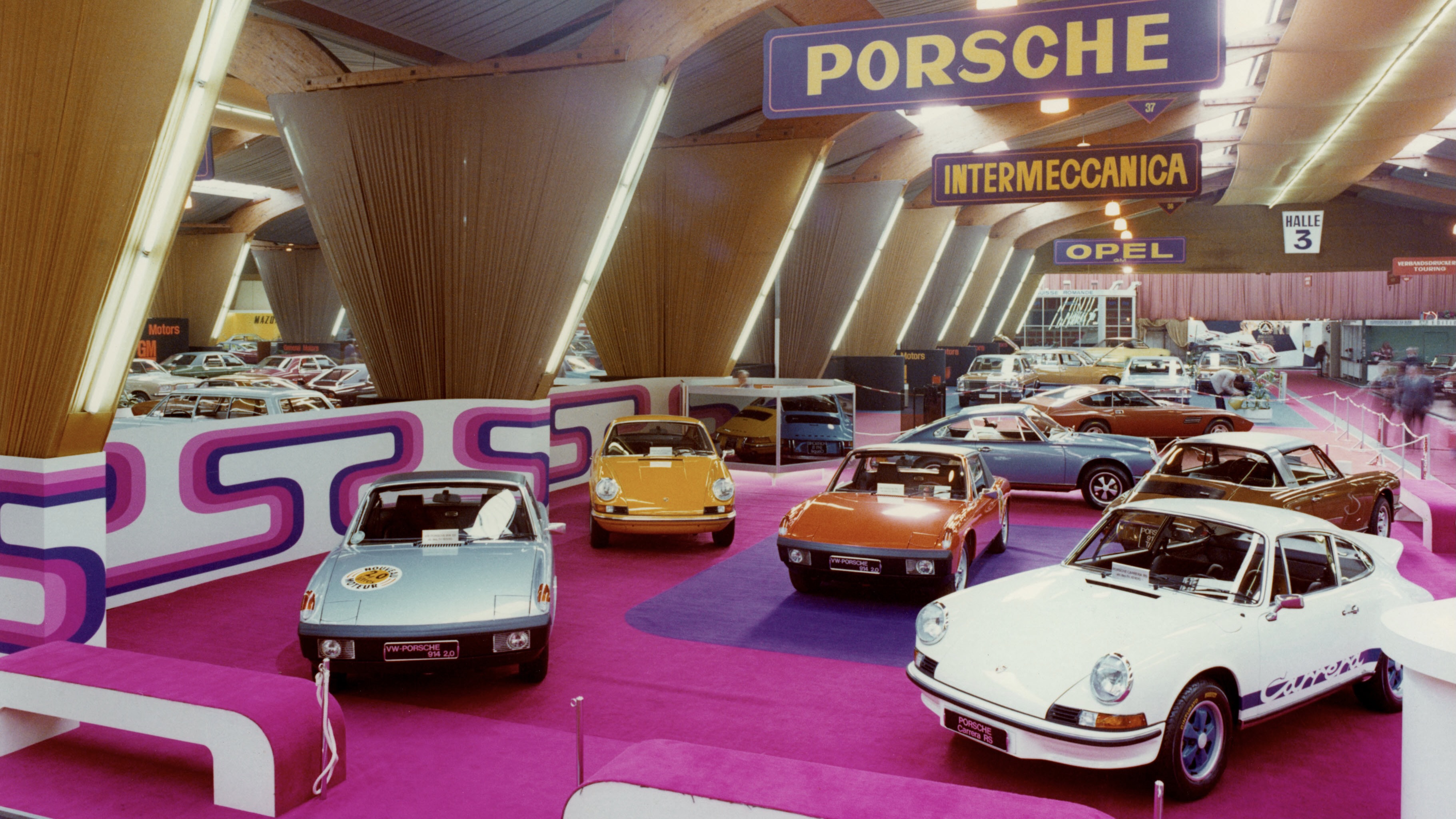 Selection of Porsche cars on stand at Geneva Motor Show in 1973