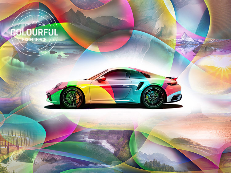 Porsche 911 in front of colourful collage of landscapes