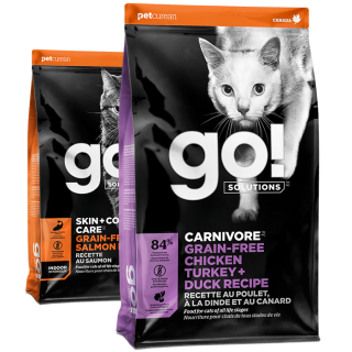 GO! SOLUTIONS SKIN + COAT CARE Salmon and CARNIVORE Chicken, Turkey + Duck recipes for cats