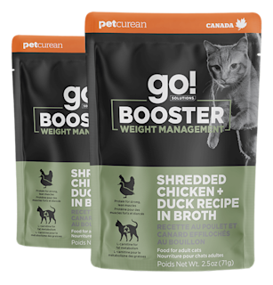 Go! Solutions Weight Management Shredded Chicken + Duck Recipe in Broth cat food topper