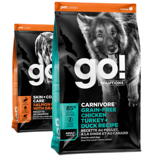 GO! SOLUTIONS SKIN + COAT CARE Salmon and CARNIVORE Chicken, Turkey + Duck dry food recipes for dogs