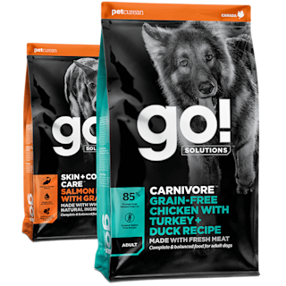 Go! Solutions Skin + Coat Care Salmon and Carnivore Chicken, Turkey + Duck dry food recipes for dogs
