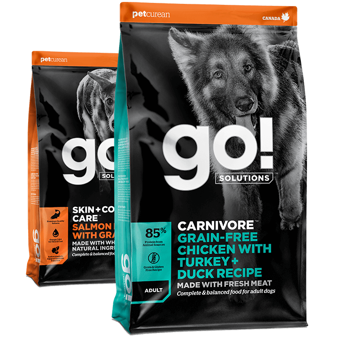 Go! Solutions Skin + Coat Care Salmon and Carnivore Chicken, Turkey + Duck dry food recipes for dogs