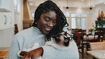 Pet parent hugging ragdoll cat in kitchen