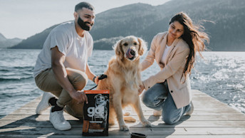 Golden Retriever dog on beach dock with pet parents beside bag of GO! SOLUTIONS Limited Ingredient Grain-Free Venison Recipe kibble