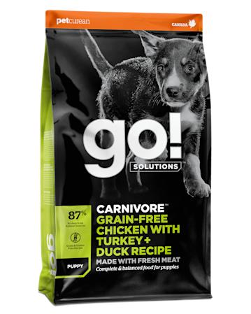 GO! SOLUTIONS CARNIVORE מתכון עוף ללא גרעינים עם תרנגול הודו + פטה ברווז לכלבלבים ללא דגנים לגורים