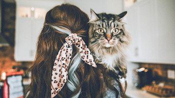Woman with bandana in her hair holding long haired cat looking over her shoulder
