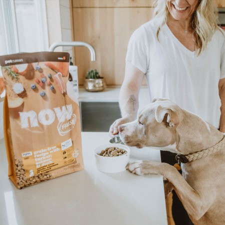 Woman feeding dog with paws on counter NOW FRESH kibble